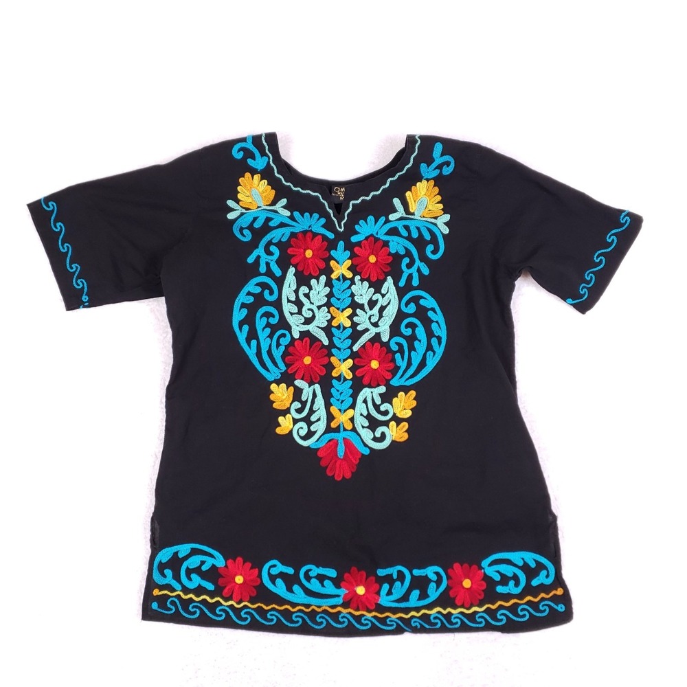 OmJa World Embroidered Blouse Boho Floral‎ Tunic Top Size M Black
